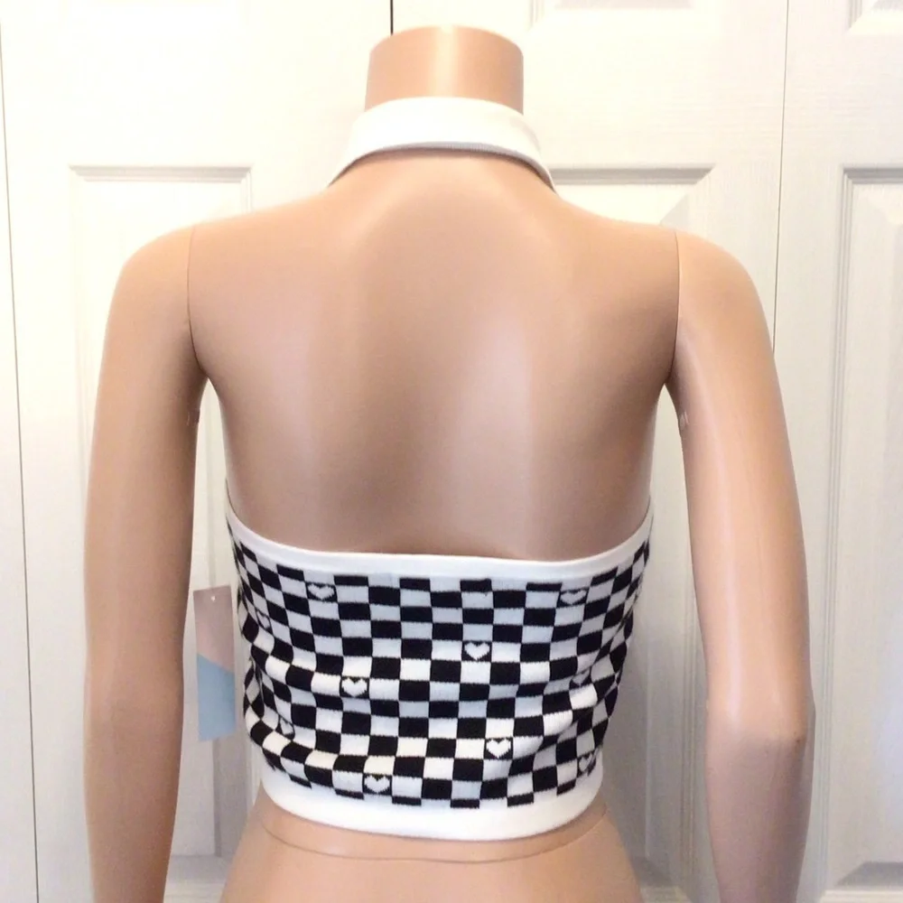 Witty Fox Womens Black/White Checked Sleeveless Halter Cropped Sweater Size Med